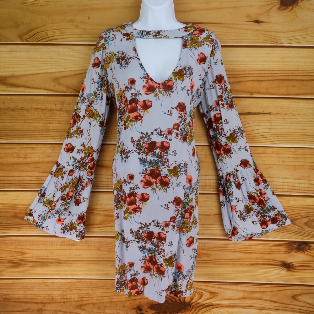 Mossimo Dress Womens Sz S Blue Colorful Floral‎ 100% Rayon Bell Sleeves Cut-Outs